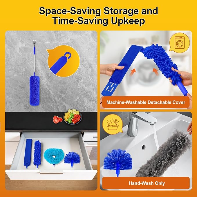 Ceiling Fan Cleaner Dusters for Cleaning 6-in-1 Kit, Cobweb Duster with Extension Pole, 100 Inches High Ceiling Fan Blade Cleaners with 5 Reuseable Dusting Heads for Windows and Blinds- Blue