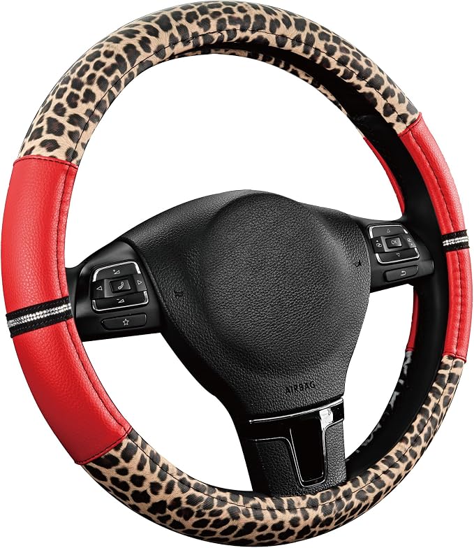 Leopard Steering Wheel Cover for Women, Cute Anti-Slip Microfiber Leather, Universal Fit 14.5-15 Inch Round Steering Wheel - Red