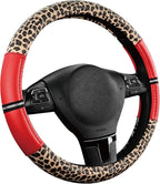 Leopard Steering Wheel Cover for Women, Cute Anti-Slip Microfiber Leather, Universal Fit 14.5-15 Inch Round Steering Wheel - Red