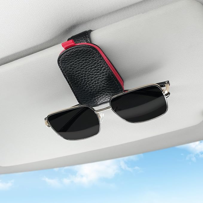 Sunglasses Holder for Car, Leather Magnetic Buckle Sun Visor Sunglass Clip, Ticket Card Storage Glasses Clip, Car Interior Accessories for Men and Women（Black-red）