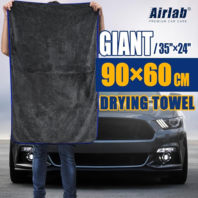 Airlab Microfiber Towels for Cars Wash Drying Extra Large Super Absorbent Cleaning Cloth Auto Detailing Ultra Soft, Lint-Free, Streak-Free, 35 x 24 Inch, Pack of 1, Grey-Blue, 600 GSM