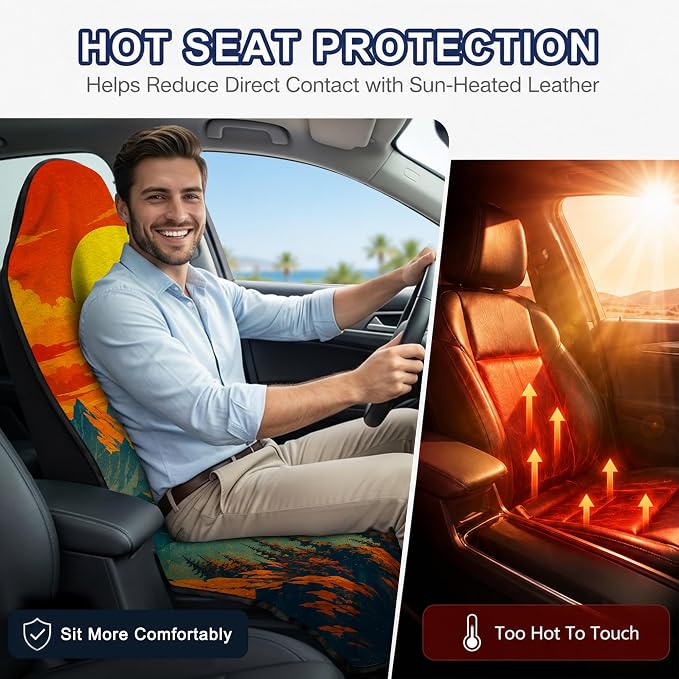 Car Seat Towel Cover 2 Pack for Front Seats, Sweat Absorbent Car Seat Protector with Non-Slip Backing, Waterproof Towel Car Seat Covers for Runners, Gym, Swimming, Beach, Mountain Sunset