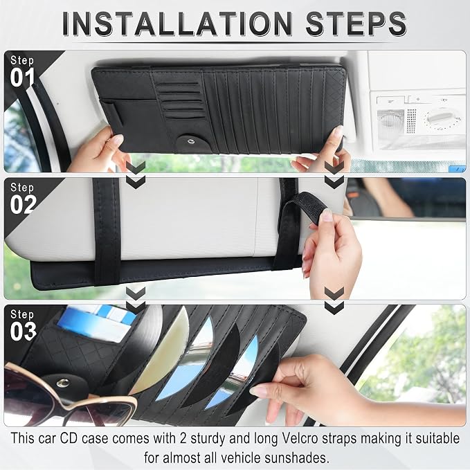 Sun Visor CD Case Holder for Car - Multi-Function Visor Organizer with CD/DVD Storage, Eyeglass Clip, Card Slots & Pen Holder, Durable Leather Car Accessories (Black)