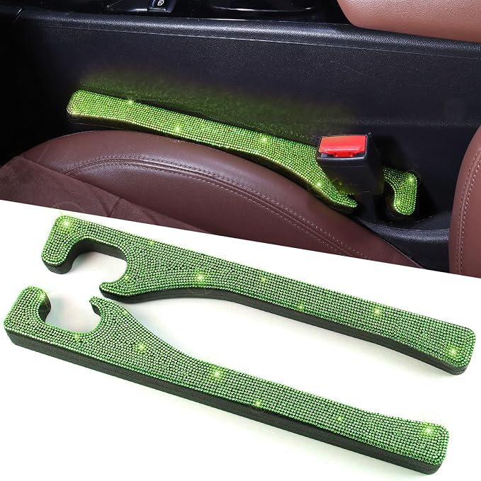 Green Bling Car Seat Gap Filler, Set of 2 Handmade Crystal Rhinestone Diamond Green Car Gap Filler Fit for Car Truck SUV Lime Green Bling Car Accessories(Grass Green)