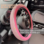 Large Size Bling Comfy Steering Wheel Cover with Jumbo Crystal Rhinestones, Anti-Slip Diamond Leather, 15.5-15.75 Inch (All Pink)