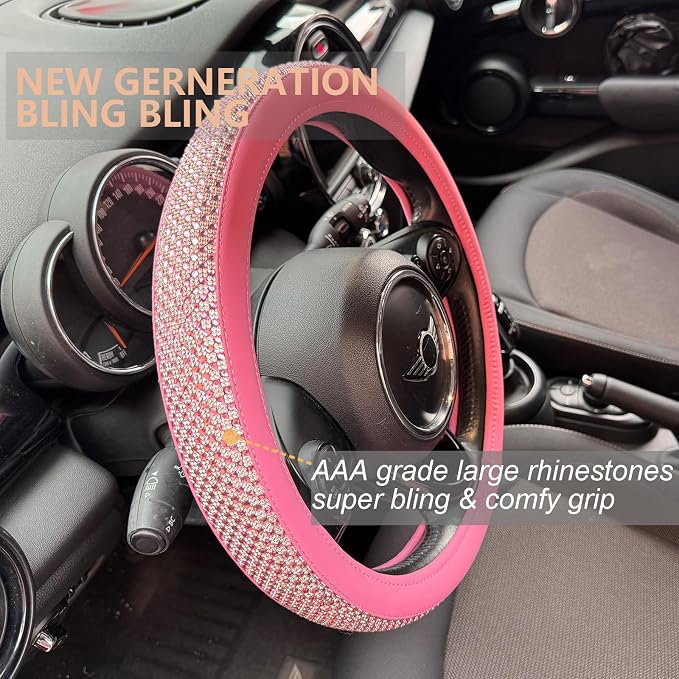 Large Size Bling Comfy Steering Wheel Cover with Jumbo Crystal Rhinestones, Anti-Slip Diamond Leather, 15.5-15.75 Inch (All Pink)