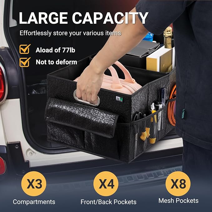 Trunk Organizer for SUV, Sturdy Car Organizer, Non-Slip Bottom, Folded Storage Organizer for Sedan, Van, Jeep, Grocery, Car Accessories, Large 3 Compartments, Art Black,32"×13"×10.6"