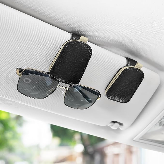 Sunglasses Holder for Car, Leather Magnetic Buckle Sun Visor Sunglass Clip, Ticket Card Storage Glasses Clip, Car Interior Accessories for Men and Women（2PCS Black-Beige）