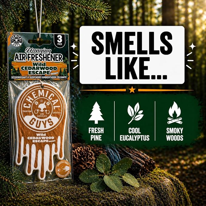 Hanging Car Air Freshener 12-Pack, Wild Cedarwood Escape Warm, Woody & Earthy Cedarwood Fragrance, Rearview Mirror Paper Fresheners for Cars, Trucks, SUVs & Boats