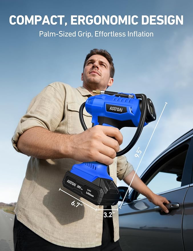 C2 Cordless Tire Inflator Air Compressor 20V Rechargeable Battery Powered 160PSI Portable Handheld Air Pump with 12V Car Power Adapter Digital Pressure Gauge for Cars Motorcycles Gift Blue