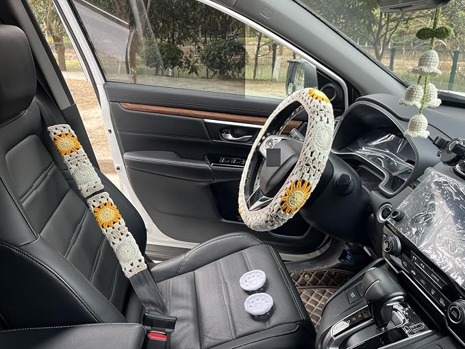 Handmade Crochet Sun Moon Car Steering Wheel Covers Universal 14-15 inch,Cute Steering Wheel Cover,Car Accessories (Wheel Cover+2belt Cover+2Coaster+Hanging)