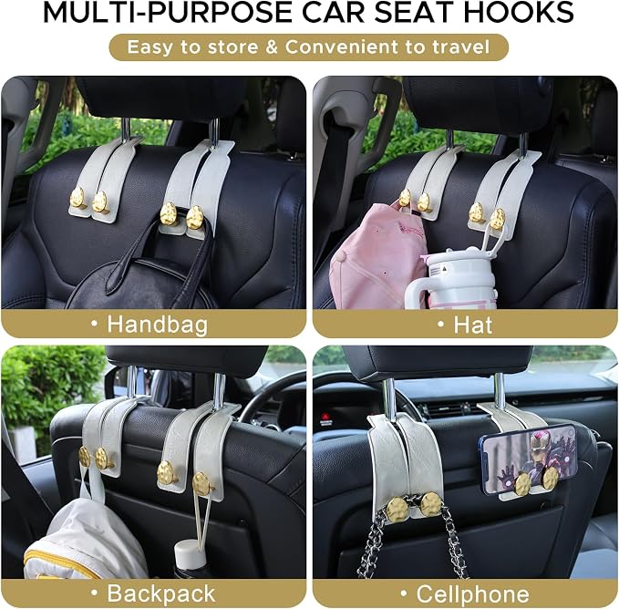 4 PCS Leather Car Seat Hooks for Headrest, Vehicle Hanger Storage Organizer Universal for Handbag Purse, Car Accessories Gift (White-Gold-4 PCS)