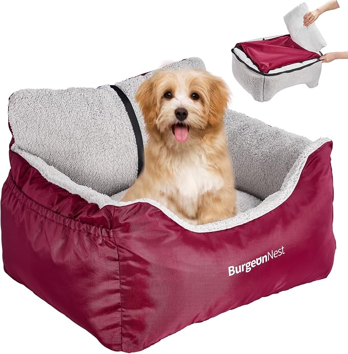 BurgeonNest Dog Car Seat for Small Dogs, Fully Detachable and Washable Cat Carseats Under 25 lbs, Soft Pet Booster Seats with Storage Pockets Clip-On Leash Portable Travel Carrier Bed, Red