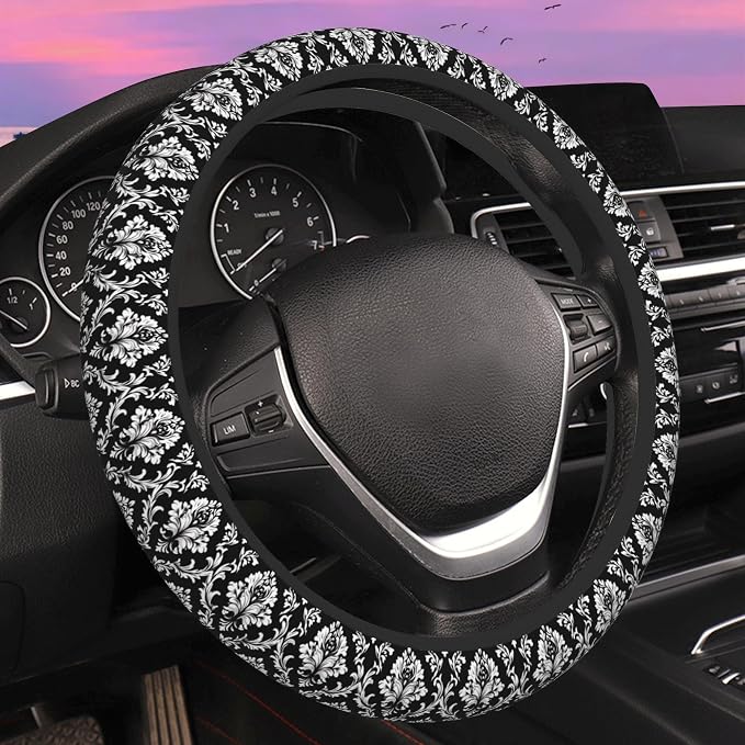 Black and White Damask Steering Wheel Cover for Women Men Neoprene Breathable Wheel Cover Protector Anti-Slip Car Accessories Universal 15 Inch Fit for Cars Trucks Vehicles