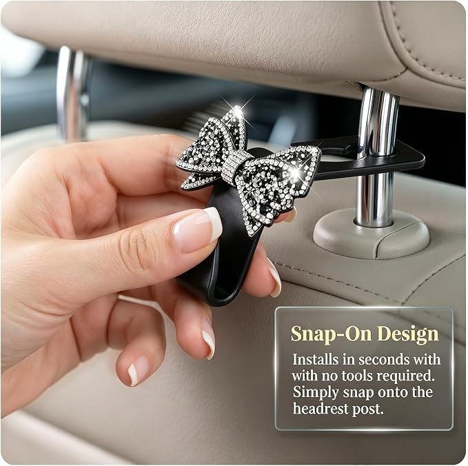 2PCS Bling Bow Car Seat Headrest Hooks, S Type Crystal Rhinestone Bowknot Auto Seat Back Storage Hooks, Diamond Cute Bow Vehicle Storage Organizer, Universal for Purses Bags Groceries(Black)