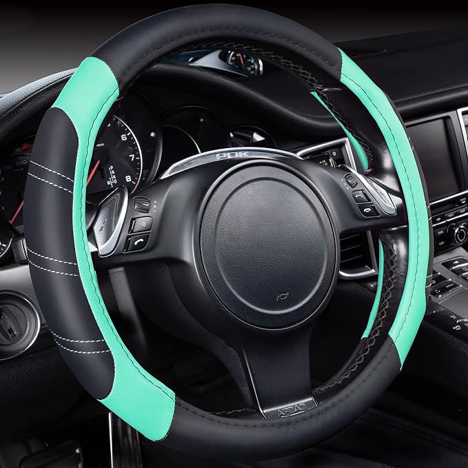 Line Rider Microfiber Leather Sporty Steering Wheel Cover Universal Fits for 95% Truck,SUV,Cars, 14.5-15 inch Anti-Slip Safety Comfortable Design (Black Mint Blue)