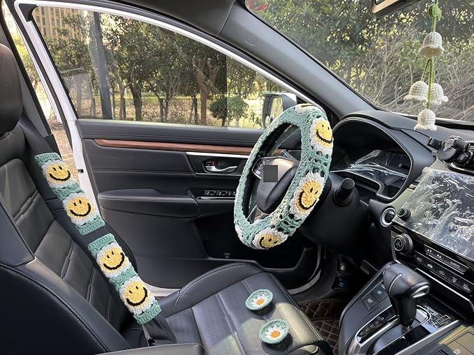 Handmade Crochet Sun Car Steering Wheel Covers Universal 14-15 inch,Cute Steering Wheel Cover,Car Accessories (Sun Wheel Cover+2belt Cover+2Coaster+Hanging)