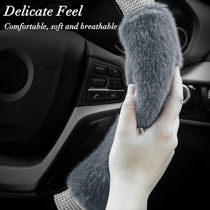 Rhinestone Fluffy Steering Wheel Cover - Comfortable Non-Slip Luxury Faux Wool, Universal Fit for 14.5" to 15" Steering Wheels
