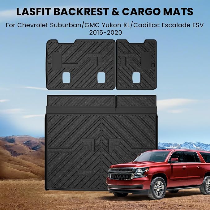 Trunk Mat with Backrest Mat 2015-2020 for Chevrolet Chevy Suburban/GMC Yukon XL(Not Fit Yukon)/Cadillac Escalade ESV(Only Escalade ESV, Not Fit Escalade), All Weather TPE Mat