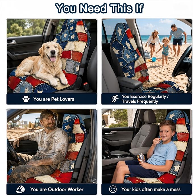 Car Seat Towel Cover for Front Seats, 1Pc Sweat Absorbent Car Seat Protector with Non-Slip Backing, Waterproof Towel Car Seat Covers for Runners, Gym, Swimming, Beach, Pets, Patchwork Flag
