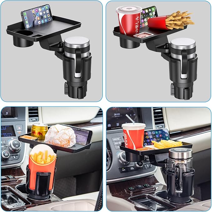 Cup Holder Tray, Detachable 360° Rotatable w/Phone Mount, Fits 2.6‑3.9 Inch | Car Cup Holder Long Road Trip Essentials Travel Patrol Accessories Drink Holder Organizer for Semi Truck Rv
