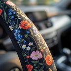 Wildflower Car Steering Wheel Cover + 2 Cute Floral Car Coasters 15 Inch | Multicolor Wildflower Steering Wheel Cover Anti-Slip Breathable Universal for Suitable for Men Women