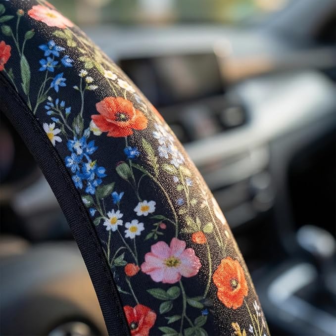 Wildflower Car Steering Wheel Cover + 2 Cute Floral Car Coasters 15 Inch | Multicolor Wildflower Steering Wheel Cover Anti-Slip Breathable Universal for Suitable for Men Women