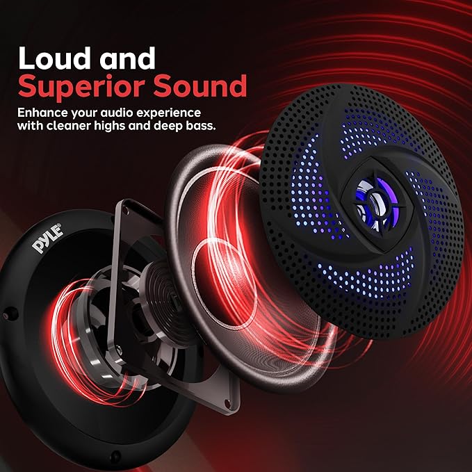 Pyle Marine Speakers -5.25 Inch 2 Way Waterproof and Weather Resistant Outdoor Audio Stereo Sound System with LED Lights,180 Watt Power and Low Profile Slim Style -1 Pair -PLMRS53BL (Black)