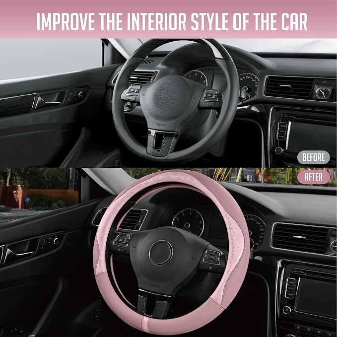 Steering Wheel Cover, Pink Patterned Leather Patchwork Design, Universal Fit 14.5"–15.5", Anti-Slip, Odor-Free, Soft PU Grain Leather, Durable Grip Car Accessory for Girls & Women