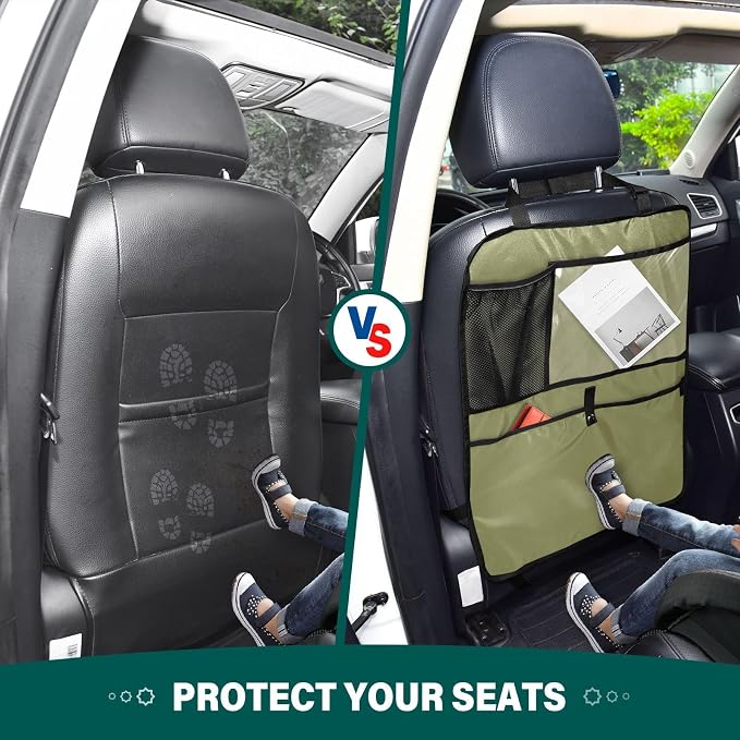 Olive Green Car Seat Organizer for Kids Backseat Kick Mat with Adjustable Strap Back Seat Protector for SUV Vehicle Car 2 Pcs