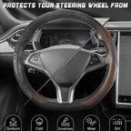 D Shaped Steering Wheel Cover, Flat Bottom Car Wheel Cover 14 1/2-15 in. (37-39 cm), Black and Mocha Brown Microfiber Leather