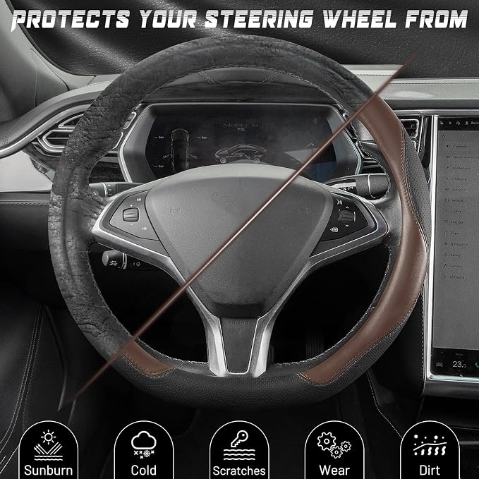 D Shaped Steering Wheel Cover, Flat Bottom Car Wheel Cover 14 1/2-15 in. (37-39 cm), Black and Mocha Brown Microfiber Leather