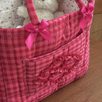 Floral Fabric Storage Basket Car Interior Storage Basket Underwear Sundries Laundry Baskets Supplies Home Organizer Bag (Rose red plaid)