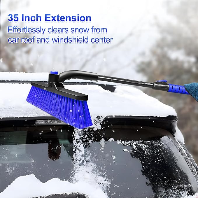 35 Inch Ice Scraper and Snow Brush for Car Windshield, Extendable Snow Scraper Brush with Foam Grip for Truck SUV Vehicle Window - Blue