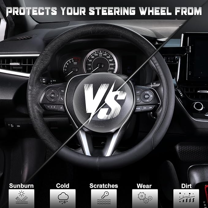 Steering Wheel Cover for 14.5-15 inch Wheels, Breathable PU Leather with Perforated Sides, Anti-Slip Grip, Universal Fit for Cars & SUVs, Black