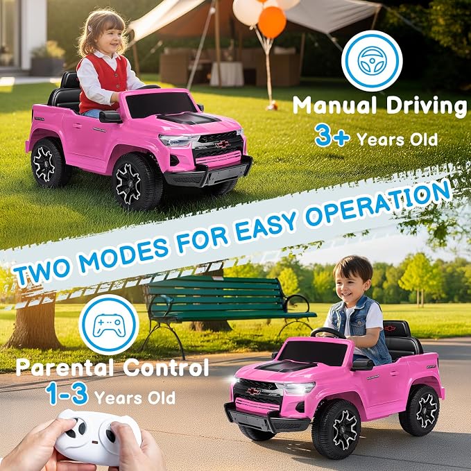 Licensed Chevrolet Colorado Electric Car for Kids, 12V Ride on Toys for Toddlers with Remote Control, Battery Powered Electric Car Ride On Vehicle w/Bluetooth, Soft Start, LED Lights - Pink