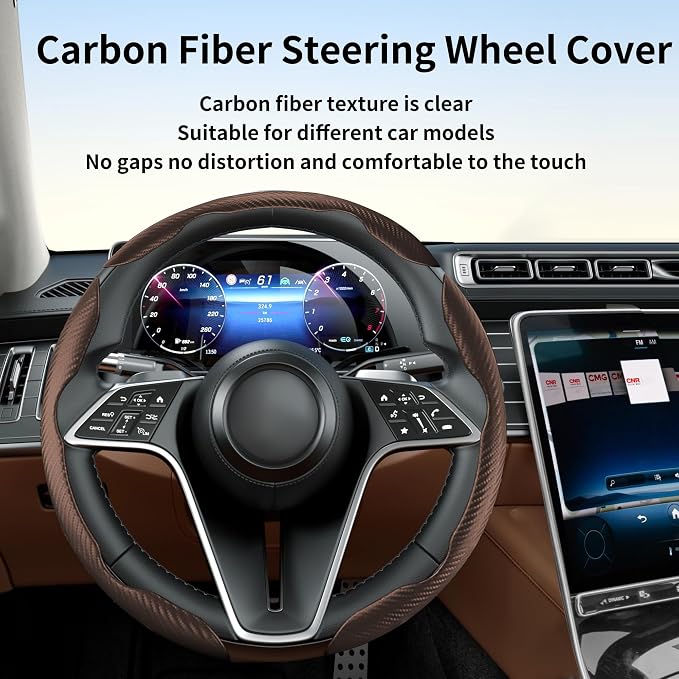 3Pcs Carbon Fiber Steering Wheel Cover Universal Fit 99% Cars | Non-slip soft grip, easy to wipe clean, quick to install, perfect for daily commutes and road trips, Brown