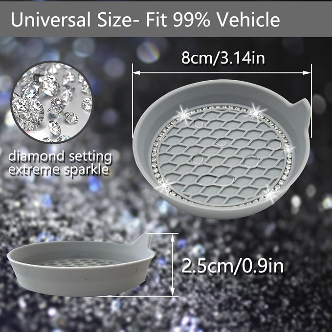 4PCS Bling Car Coasters, Non-Slip Insert Water Bottle Holder Pads, Bling Crystal Rhinestone Dustproof Automotive Interior Accessories, Universal for Vehicles, Trucks, RVs (4 pcs, Gray)
