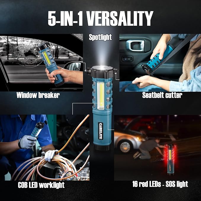 Emergency Car Flashlight with Seatbelt Cutter and Window Breaker, LED Work Light & Flash Beacon, Life-Saving Car Escape Tool for Roadside Safety (Blue)