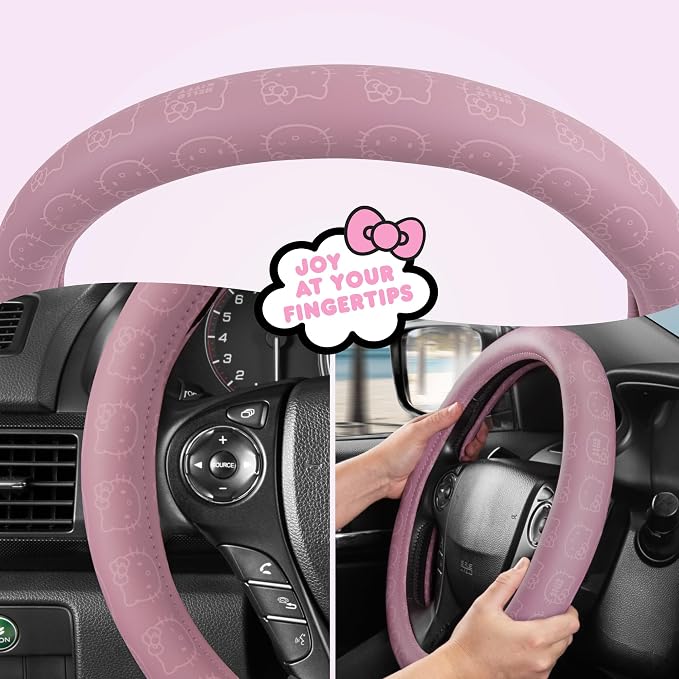 Sanrio Hello Kitty Pink Car Steering Wheel Cover, Universal Fit Cute Car Accessories for Women Stylish Decor Gifts Hello Kitty Accessories - Fits Standard Wheels 14.5"-15"