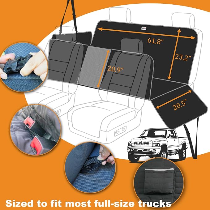 Dog Car Seat Cover for Trucks, Waterproof Back Seat Hammock with Mesh Window and Side Flaps, Rear Protector for Ford F150 Ram 1500 Silverado Sierra