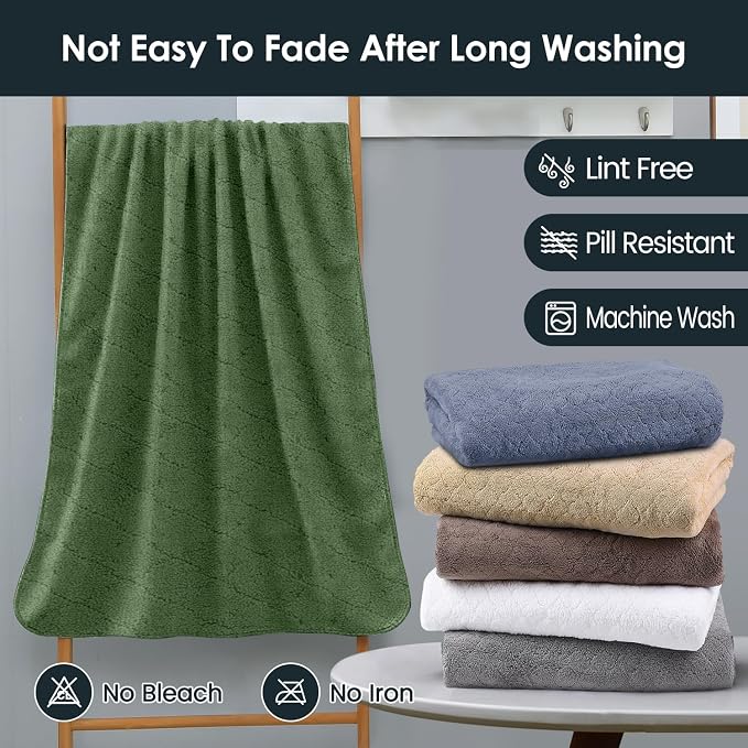 Microfiber Bath Towels Set of 2, Oversized, Ultra Soft, Super Absorbent, Fast Drying, No Fading Large Bathroom Towel for Yoga, Sauna, Travel, Fitness (Coral Fleece - Olive-Green, 30 in x 60 in)