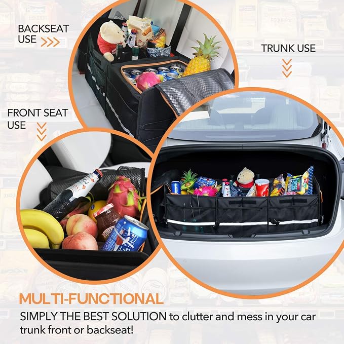 Large Trunk Organizer With Built-in Leakproof Cooler Bag, 2 Tie-Down Straps, 4 Removable Dividers, Foldable Cover, Built with 2mm PE Board