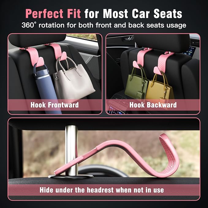 Car Seat Headrest Hook 4 Pack Hanger Universal Vehicle Car Storage Organizer for Handbag Purse Coat S Type Checkered Pink