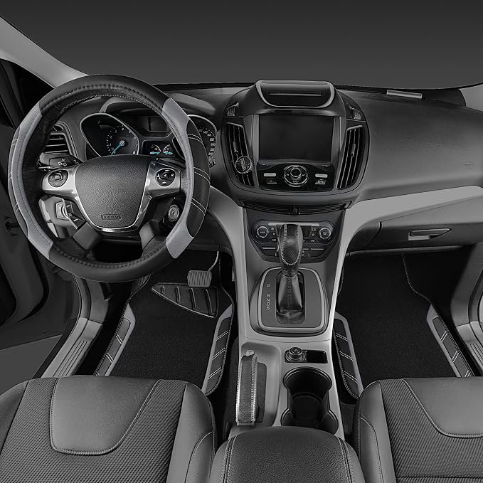 Leather Steering Wheel Cover and Waterproof Car Floor Mats,Microfiber Universal Car Combo Fit for 95% Sedan,SUV,Cars,14.5-15inch Sporty Anti-Slip Safety Comfortable Design(Black＆Gray)