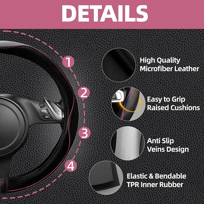 14 PCS Leather Car Seat Covers Full Set, 14.5”-15'' Sporty Steering Wheel Cover Universal, Center Console Cover, Seat Belt Cushion, Cup Holder Coaster, Car Interior Set Pink