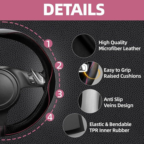 10 Pcs Car Floor Mats Full Set Car Accessories, Microfiber Leather Steering Wheel Covers 14.5-15 inch, Center Console Cover, Seat Belt Pads, Cup Coasters, Universal Interior Decor(Pink)