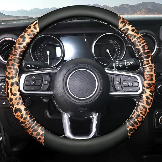 Cheetah Leather Steering Wheel Cover, Steering Wheel Protector, Anti-Slip, Breathable, Absorbing Sweat, Universal Leopard Car Accessories 14.5–15 inch,Black&Brown
