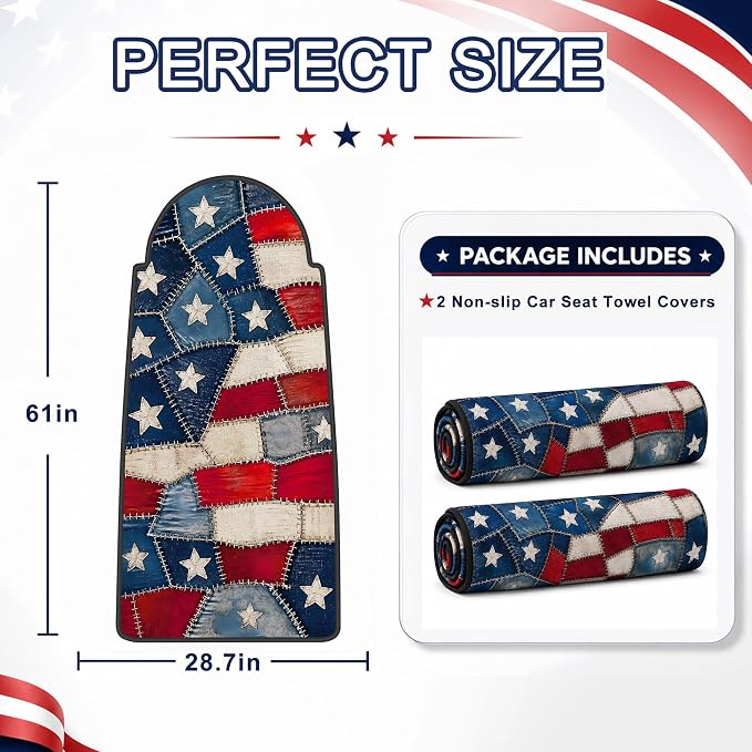 Car Seat Towel Cover 2 Pack for Front Seats, Sweat Absorbent Car Seat Protector with Non-Slip Backing, Waterproof Towel Car Seat Covers for Runners, Gym, Swimming, Beach, Patchwork Flag