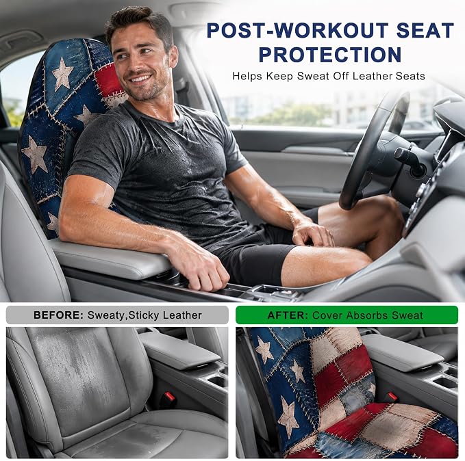 Car Seat Towel Cover 2 Pack for Front Seats, Sweat Absorbent Car Seat Protector with Non-Slip Backing, Waterproof Towel Car Seat Covers for Runners, Gym, Swimming, Beach, Patchwork Flag